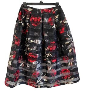 Touch‎ Me Black Rose Floral Organza Overlay Pleated Skirt Small Dark Romantic